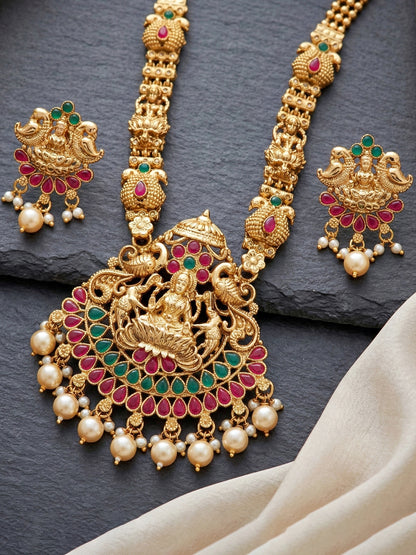 Lucky Jewellery Gold-Plated Laxmi Idol Temple Ruby & Green Color Necklace Set (660-G2SR-202-RG)