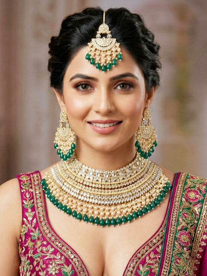 Gold Plated Kundan & Pearl Green Stone Bridal Choker Jewellery Set with Maang Tikka (1683-ISK-855-G)