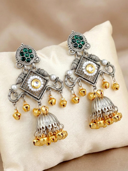 LUCKY JEWELLERY Traditional Dual Tone Oxidized Silver Jhumka Earrings with Green Stone & Golden Ghungroo | Kashmiri Style Jhumki Earrings for Girls & Women | Festive & Gift Wear