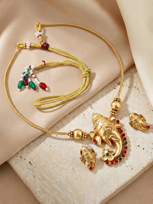 Traditional Gold-Tone Lord Ganesha Necklace Set with Pink & Green Stone Detailing | Temple Style Ethnic Jewellery with Stud Earrings for Festive & Wedding Wear (590-ISR-2181-RG)