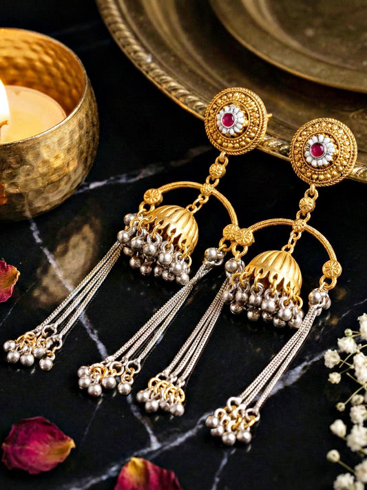 LUCKY JEWELLERY Antique Gold Finish Traditional Earrings with Long Chain Tassels Earrings For Girls & Women |Kashmiri Jhumka with Magenta Stone Earing Set |Birthday Gift Valentine Anniversary Gift