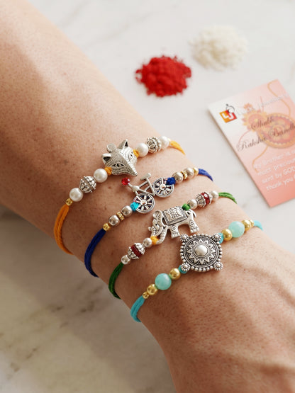 Set of 4 Animal & Cycle Rakhi for Kids with Multi & White Beads, Roli Chawal & Card (122-JPR1-1983-S-4-2026)
