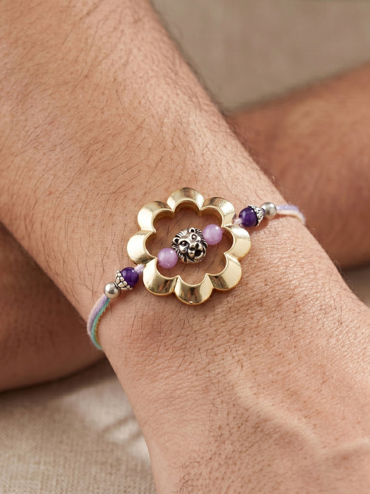 Set of 2 Golden Hollow Flower Rakhi for Brother with Lion Motif & Beads,Roli Chawal & Card (182-CHR1-1202-2-2026)