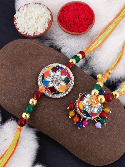 Lucky Jewellery Designer Gold Plated Multi Meena Stone Rakhi - Rakshabandhan Rakhee with Tasseled Lumba Bracelet for Brother Bhaiya Bhai Bhabhi - Pack of 2 (325-CHCR1-1152-MT-2)