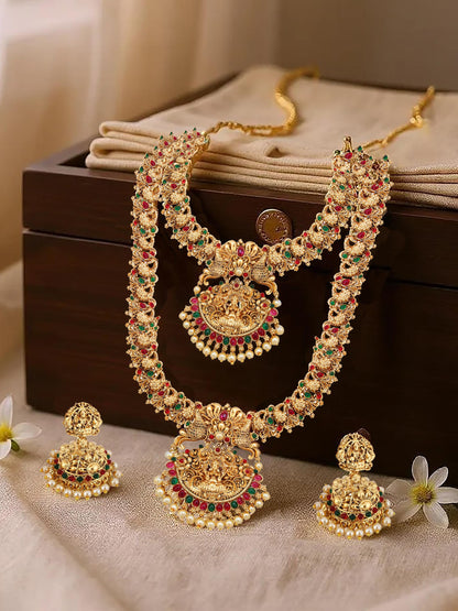 Traditional Temple Jewellery Set Goddess Lakshmi Design Necklace with Earrings
