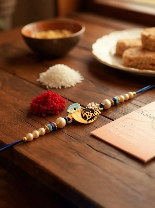 Gold Plated Meenakari Religious Rakshabandhan Ganpati Design Rakhi for Bhaiya/Bhabhi Pack of 1