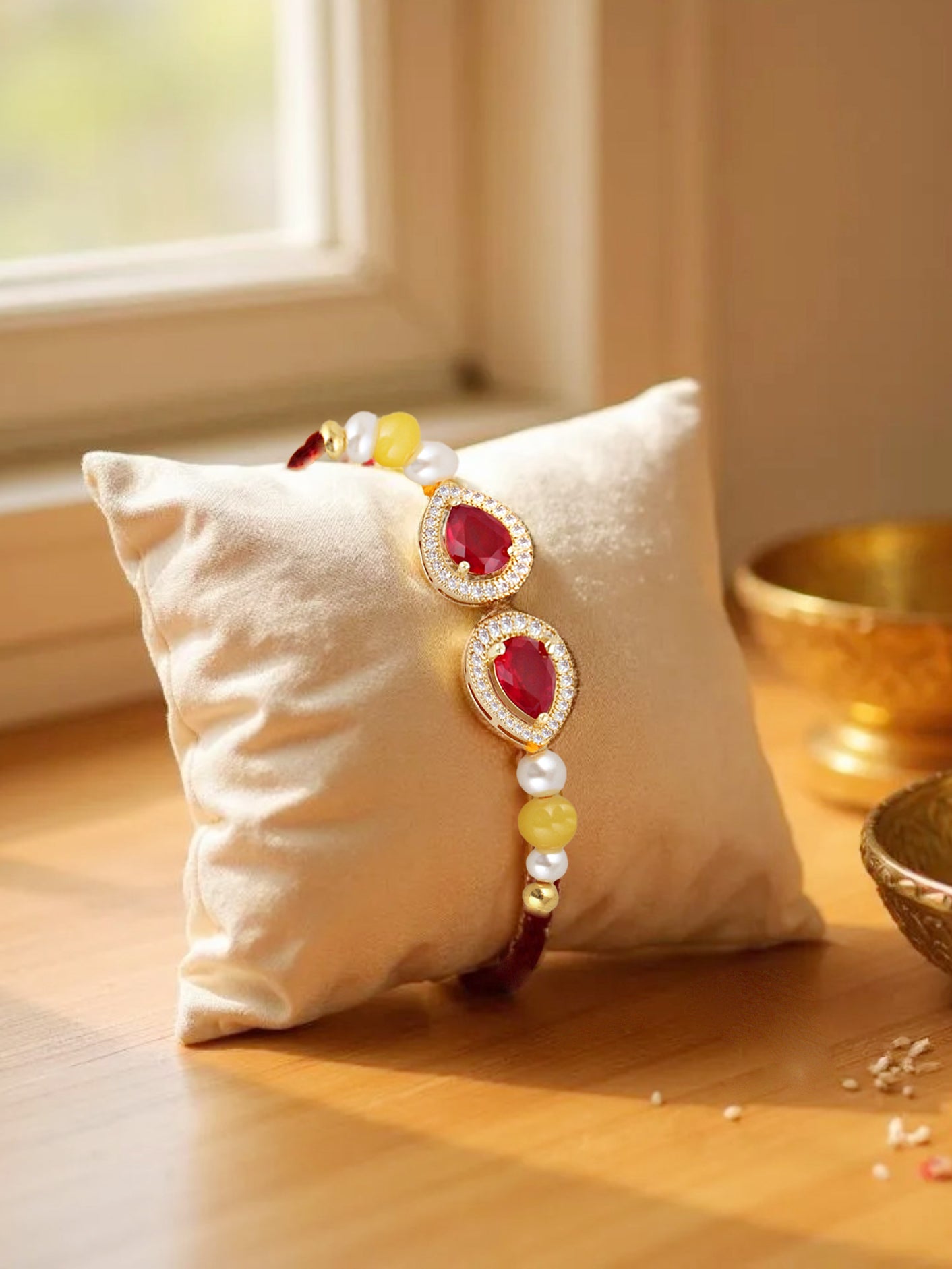 Lucky Jewellery Designer Maroon Color Stone Rakhi - Rakshabandhan Pearl Rakhee Bracelet for Brother/Bhaiya/Bhai/Bhabhi - Pack of 1 (176-CHR1-1279-M-1)