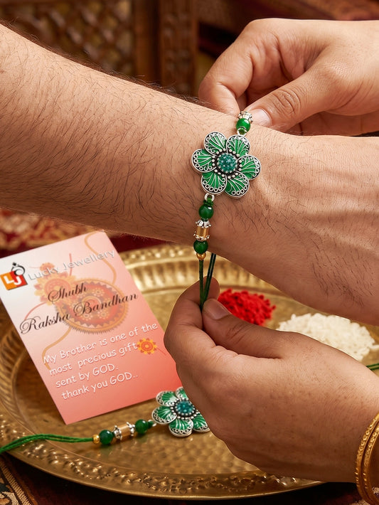 Set of 2 Green Floral Rakhi for Brother with Beads, Gold Accents, Roli & Chawal & Card (106-CHR1-1967-G-S-2-2026)