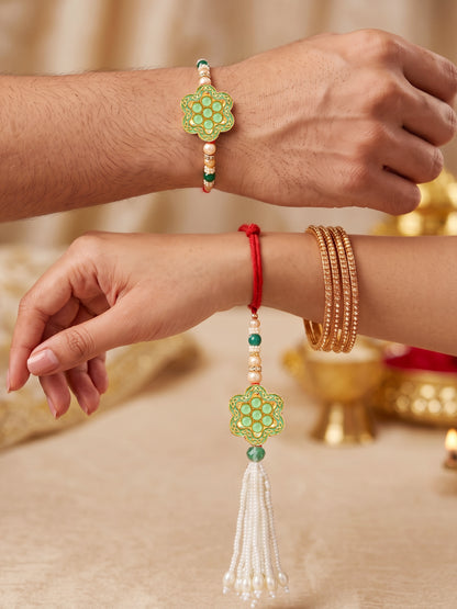Set of 2 Bhaiya Bhabhi Rakhi Set with Floral Mint Pendant, Green & Golden Beads,Tassel Lumba (130-JPCR1-1857-MNT-2-2026)