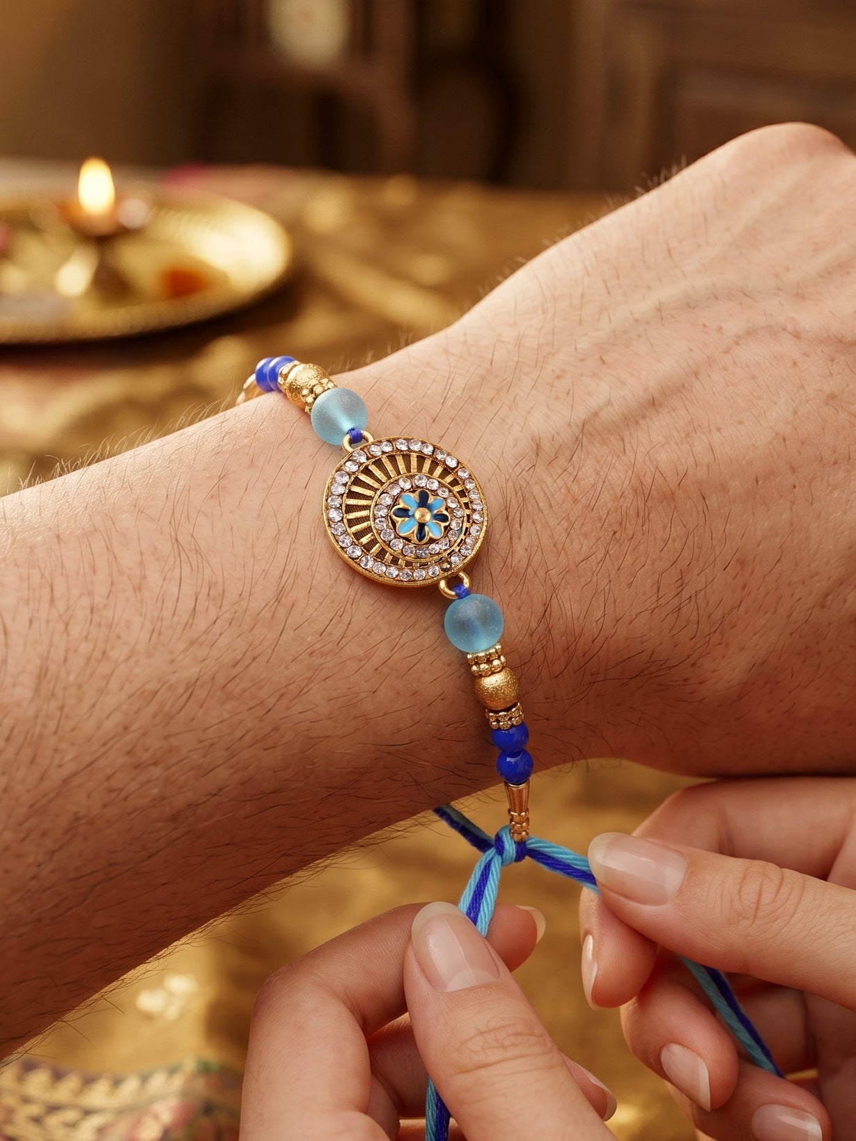Designer Evil Eye Rakhi for Brothers with Roli Chawal & Card | Gold-Tone Crystal Studded Floral Set (109-S7R1-EA4107)