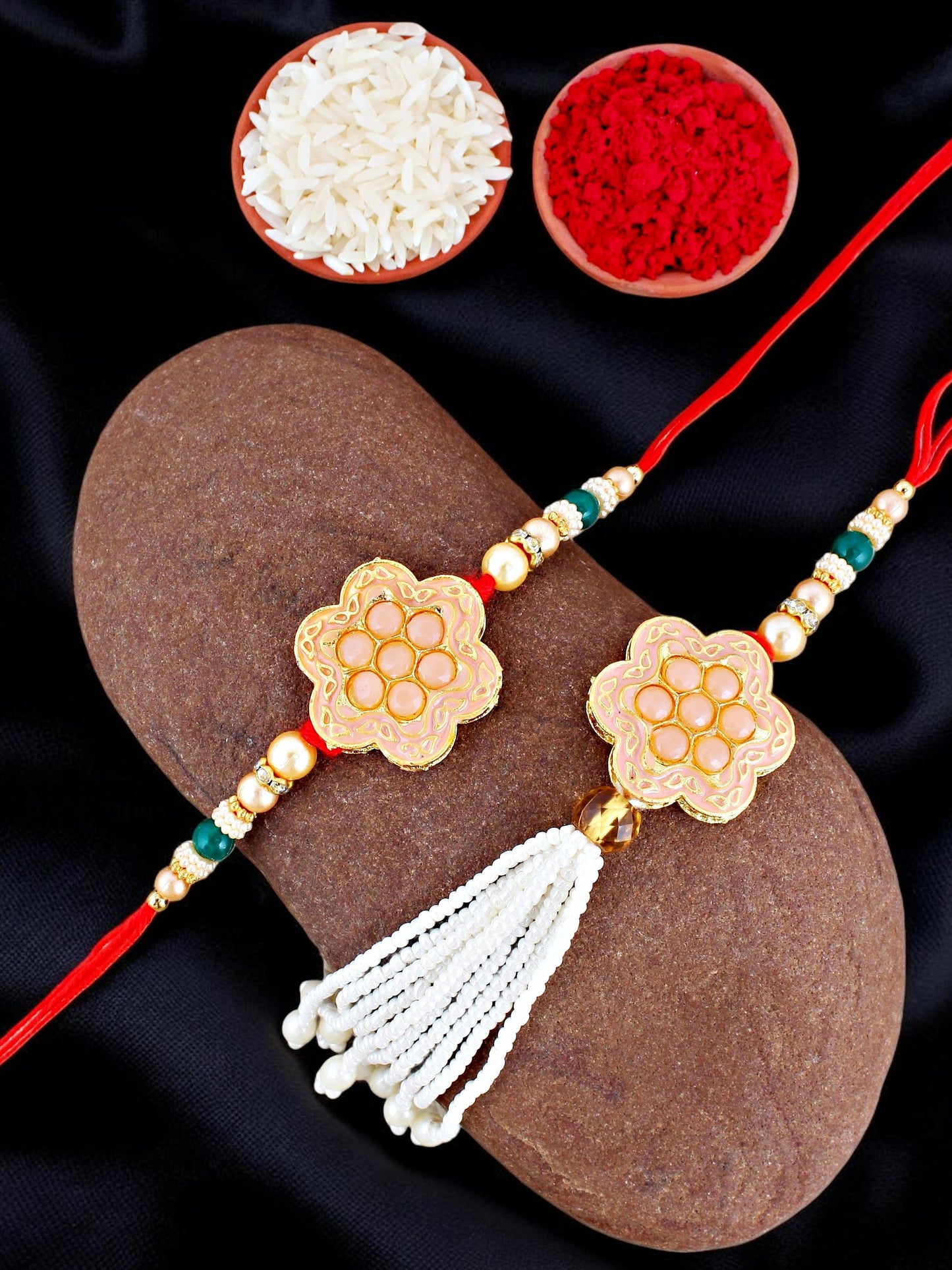 Lucky Jewellery Designer Peach Color Meena Rakhi - Rakshabandhan Rakhee with Pearl Lumba Bracelet for Brother/Bhaiya/Bhai/Bhabhi - Pack of 2 (130-JPCR1-1857-PH-2)
