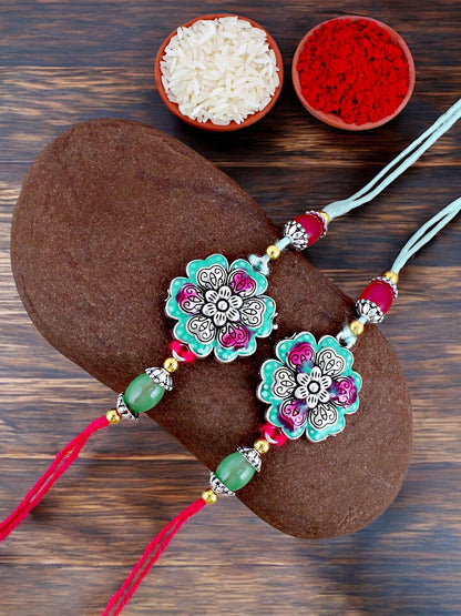 Lucky Jewellery Designer Oxidised Silver Meena Floral Rakhi - Rakshabandhan Rakhee Bracelet for Brother/Bhaiya/Bhai/Bhabhi - Pack of 2 (108-CHR1-1966-MNTR-S-2)
