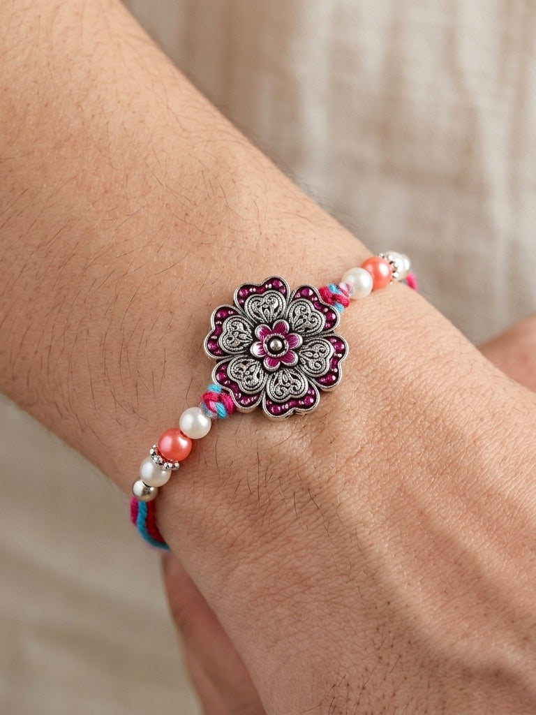 Set of 2 Magenta Floral Rakhi for Brother with pink Accents, Beads, Roli Chawal & Card (108-CHR1-1966-R-S-2-2026)