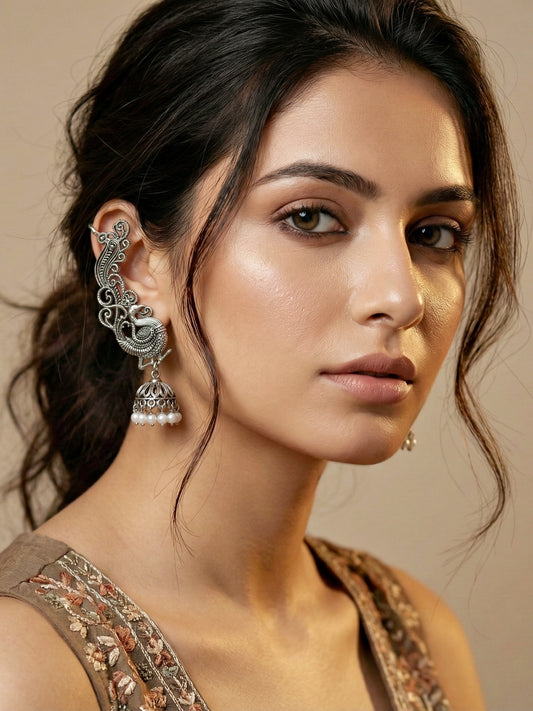 Oxidised Silver Peacock Design Ear Cuff Jhumka White beads Earring For Girls & Women (159-KK2O-8158)