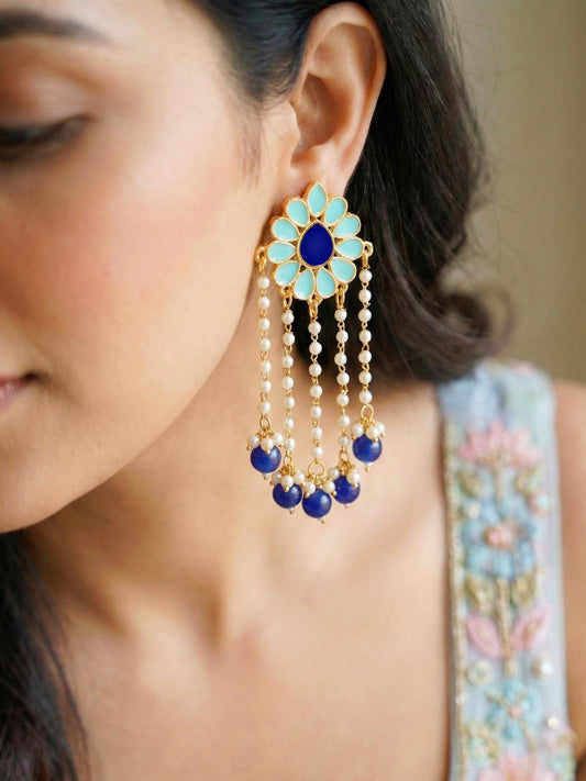 Gold-Plated Enamel Floral Long Earrings with Moti Layers and Blue Beads Earring For Girls & Women (354-KEO-13113-FB)