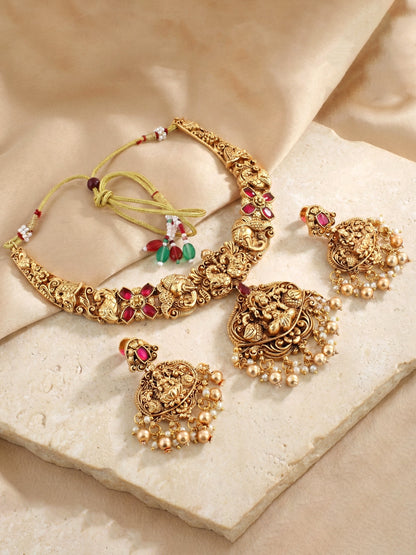 Traditional Antique Gold-Tone Temple Jewellery Necklace Set for Women with Goddess Lakshmi Pendant & Matching Earrings(1122-ISR-2178-R)