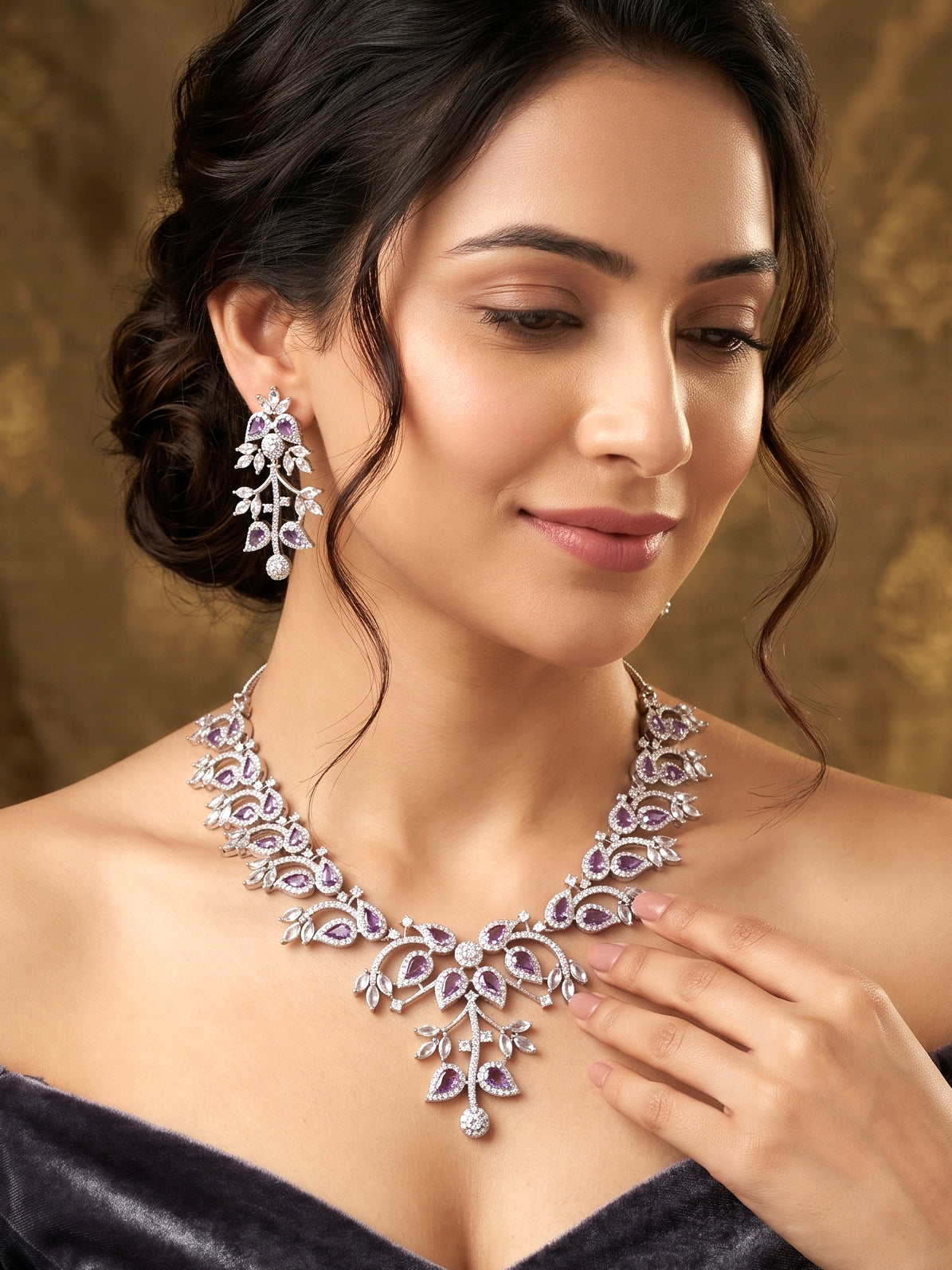 Lucky Jewellery Silver-Tone Purple Stone & American Diamond Necklace Set with Earrings for Women – Office, Party & Function Wear (1948-K4SA-2241-P-S)