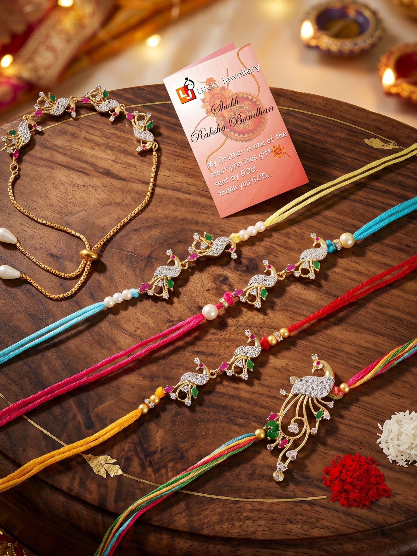 Set of 5 Designer Gold-Toned Peacock Rakhi Set for Brother & Bhabhi, Roli, Chawal & Card (680-P4R1-1544-5-2026)