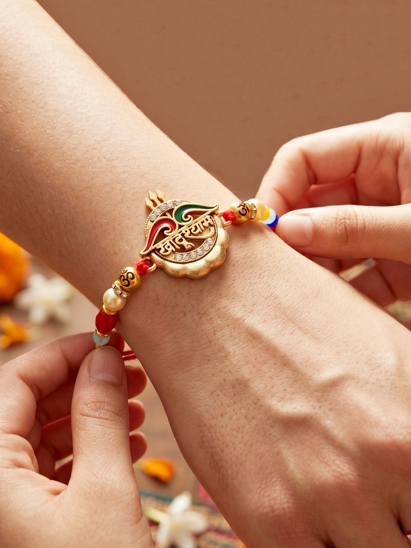 Divine Khatu Shyam & Trishul Om Beaded Rakhi Set For Brother with Roli Chawal & Card (72-S5R1-AR2970)