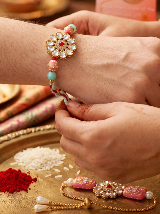 Set of 2 Bhaiya Bhabhi Kundan Rakhi Set with Floral Pendant, Hand-Painted Pink Beads, Roli Chawal (173-CHR1-1849-2-2026)