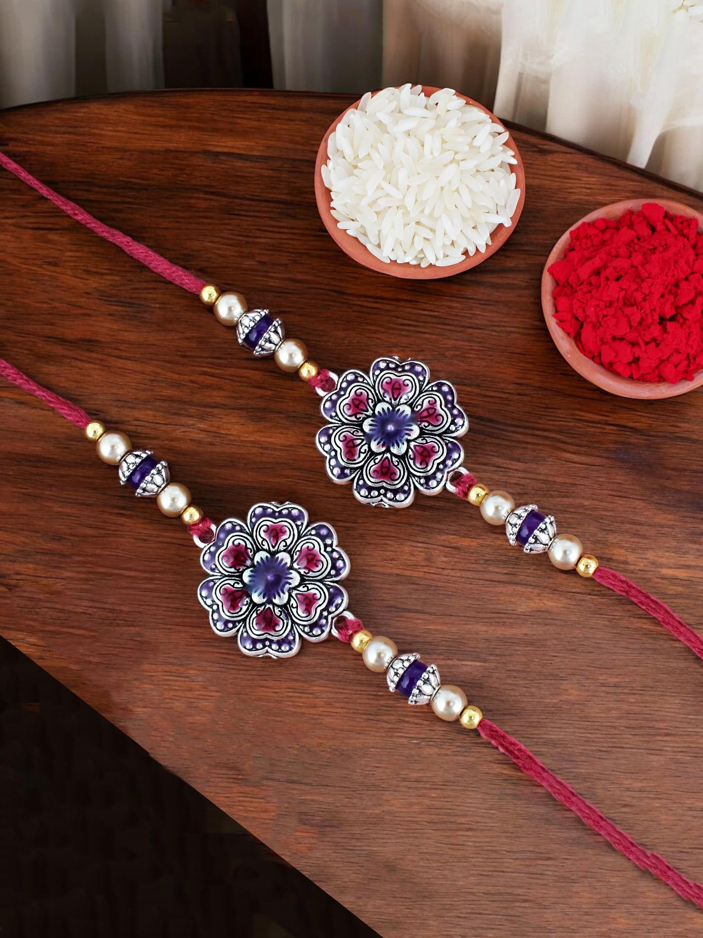 Lucky Jewellery Designer Oxidised Silver Meena Floral Rakhi - Rakshabandhan Rakhee Bracelet for Brother/Bhaiya/Bhai/Bhabhi - Pack of 2 (108-CHR1-1966-P-S-2)