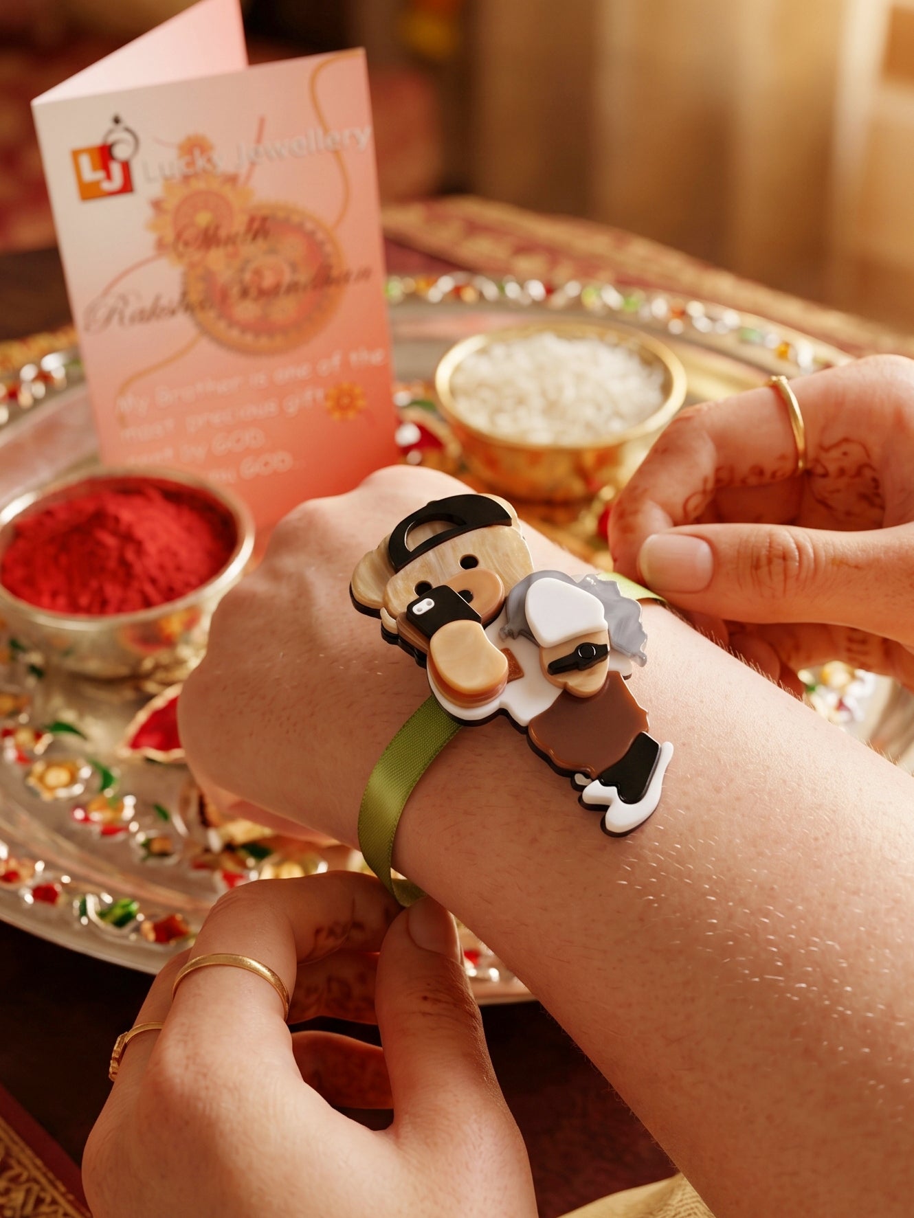 Kids Rakhi for Little Brother, Cute Selfie Teddy Bear Acrylic Charm on Green Ribbon, Roli, Chawal (425-CHR1-1193-1-2026)