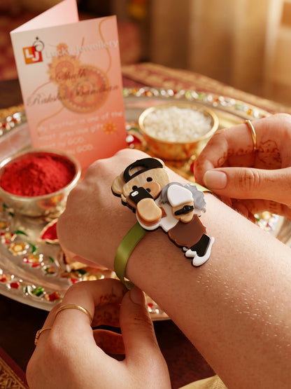 Kids Rakhi for Little Brother, Cute Selfie Teddy Bear Acrylic Charm on Green Ribbon, Roli, Chawal (425-CHR1-1193-1-2026)