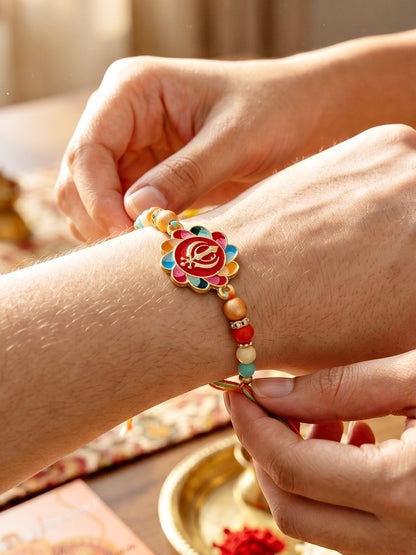 Khanda Sahib Punjabi Sikh Symbol Beaded Rakhi for Brother With Roli Chawal & Greeting Card (102-S5R1-JMD0215)