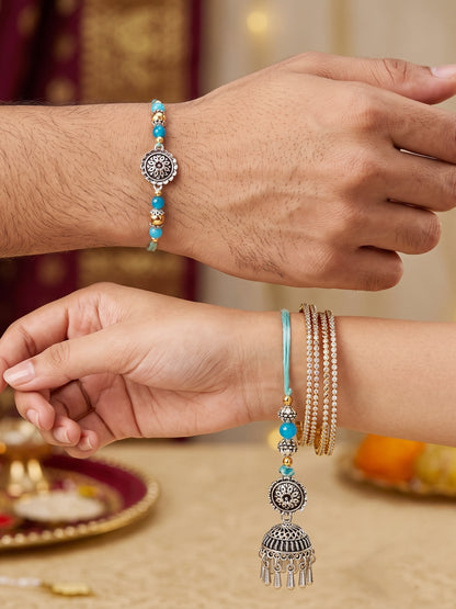 Set of 2 Bhaiya Bhabhi Rakhi Set with Oxidised Floral & Jhumka Lumba, Blue Beads,Roli Chawal & Card (144-JPCR1-1983-S-2-2026)