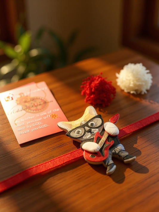 Lucky Jewellery Trendy Fashion Plastic Guitar Cat With Glasses Kids Rakhi - Rakshabandhan Rakhee Bracelet for Kids Brother Bhaiya Bhai Bhabhi - Pack of 1 (440-CHR1-1192-1)
