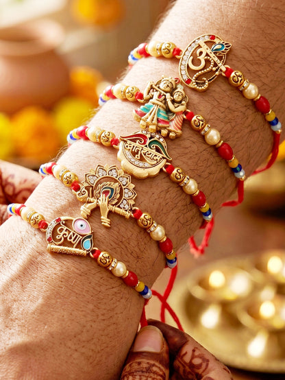 Set of 5 Traditional Divine Rakhis for Bhai | Beaded Radha Krishna & Khatu Shyam Threads | Raksha Bandhan Gift Set with Roli, Chawal & Greeting Card (360-S5R1-2306-5)