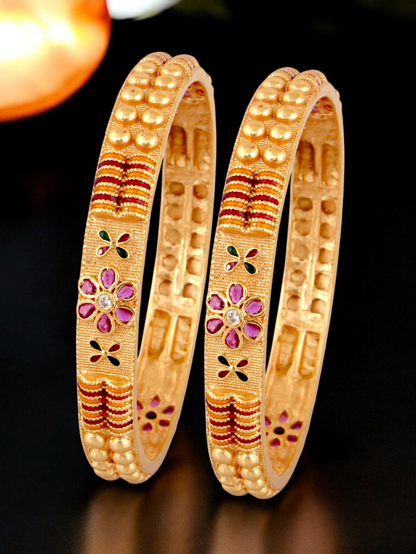 18k One Gram Gold-Plated Meenakari Floral Design Bangle Set for Women & Girls - Pack of 2