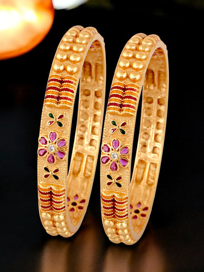 18k One Gram Gold-Plated Meenakari Floral Design Bangle Set for Women & Girls - Pack of 2