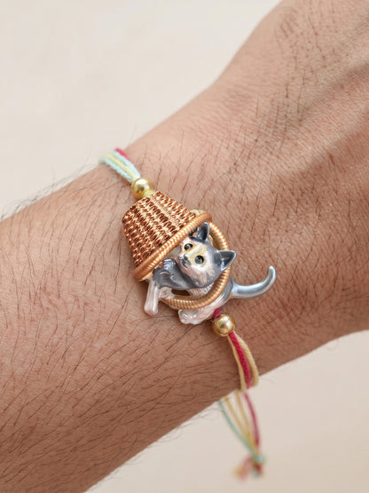 Kids Cute Kitten in Basket Rakhi for Brother with Metallic Beads, Roli Chawal & Card (225-CHR1-1314-1-2026)