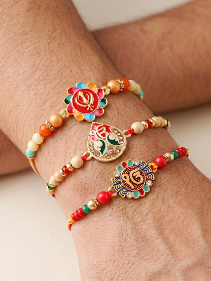 Lucky Jewellery Set of 3 Khanda & Ek Onkar Rakhi for Brother | Sikh Religious Beaded Raksha Bandhan Thread Combo with Roli, Chawal & Card (306-S5R1-2309-3)