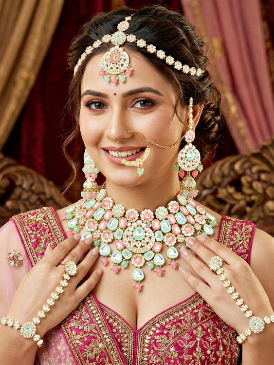 Bridal Kundan Pink Mint Multicolor Choker Jewellery Set with Hathphool & Nath (2541-IZK-554-PKMNT)