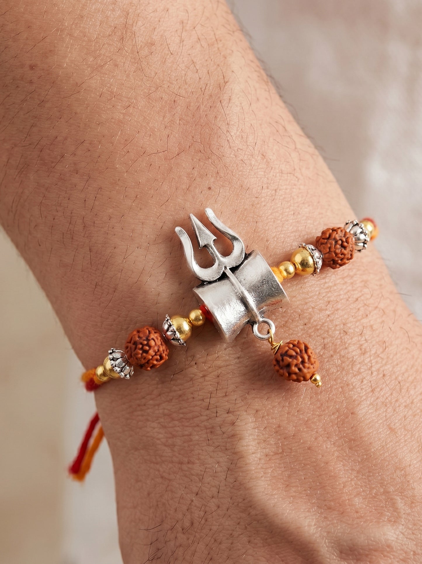 Set of 2 Small Trishul Damaru Pendant Rakhi for Brother with Rudraksha & Gold Beads, Roli Chawal (126-JPR1-1972-S-2-2026)