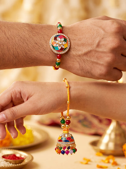 Set of 2 Multicolor Meenakari Bhaiya Bhabhi Rakhi Set With Lumba, Roli, Chawal & Card (325-CHCR1-1152-MT-2-2026)