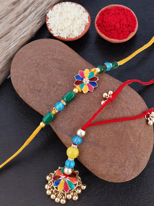Lucky Jewellery Designer Gold Plated Multi Color Meenakari Rakhi - Rakshabandhan Rakhee with Tasseled Lumba Bracelet for Brother/Bhaiya/Bhai/Bhabhi - Pack of 2 (240-CHCR1-1146-MT-2)