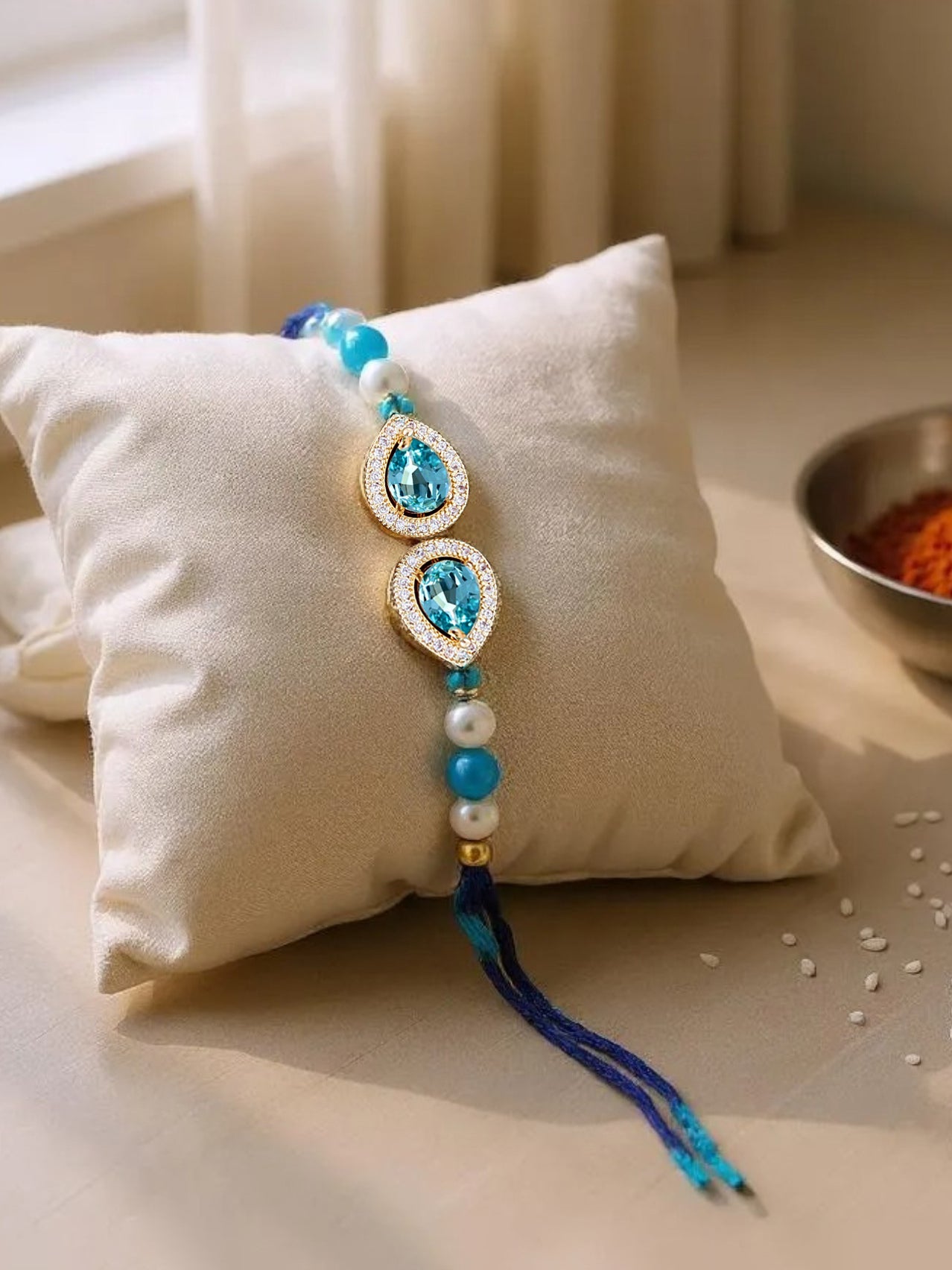 Lucky Jewellery Designer Turquoise Color Stone Rakhi - Rakshabandhan Pearl Rakhee Bracelet for Brother/Bhaiya/Bhai/Bhabhi - Pack of 1 (176-CHR1-1279-FB-1)