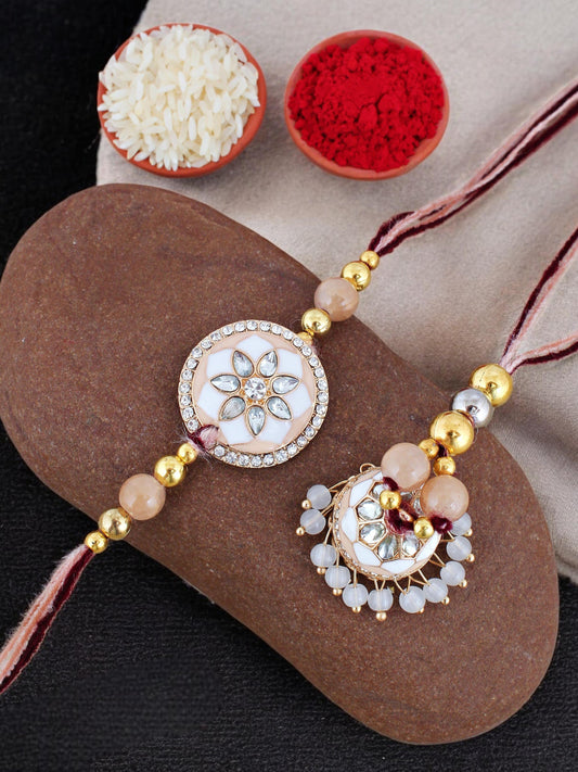 Lucky Jewellery Designer Gold Plated White and Peach Meena Stone Rakhi - Rakshabandhan Rakhee with Tasseled Lumba Bracelet for Brother Bhaiya Bhai Bhabhi - Pack of 2 (325-CHCR1-1152-W-2)