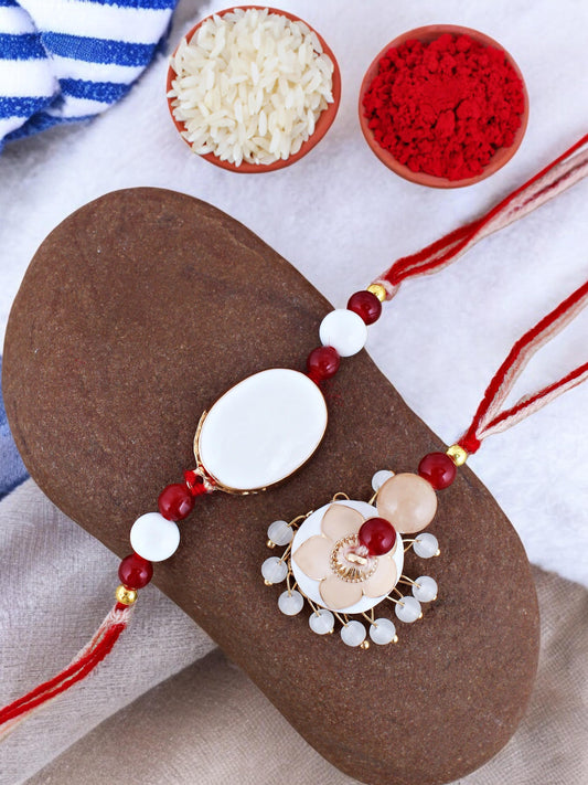 Lucky Jewellery Designer White & Peach Meena Rakhi - Rakshabandhan Rakhee with Tasseled Lumba Bracelet for Brother Bhaiya Bhai Bhabhi - Pack of 2 (265-CHCR1-1151-W-2)