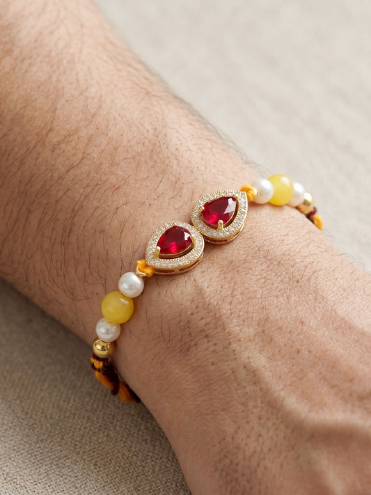 Rakhi for Brother with Maroon drop AD Pendant, White & Yellow Beads, Roli Chawal & Card (176-CHR1-1279-M-1-2026)