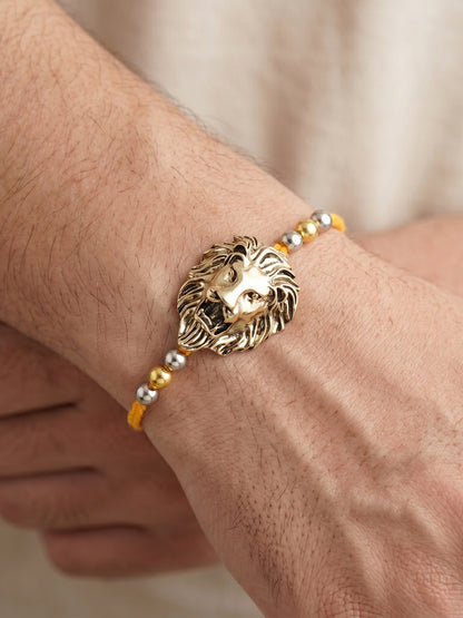 Golden Lion Pendant Rakhi for Brother with Metallic Beads, Roli Chawal & Card (140-CHR1-1175-1-2026)