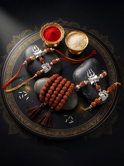 Set of 5 Rudraksha & Silver Trishul Rakhi Set: Shiva-Themed, Metallic Accents, Roli, Chawal & Card (718-JPR1-1994-5-2026)