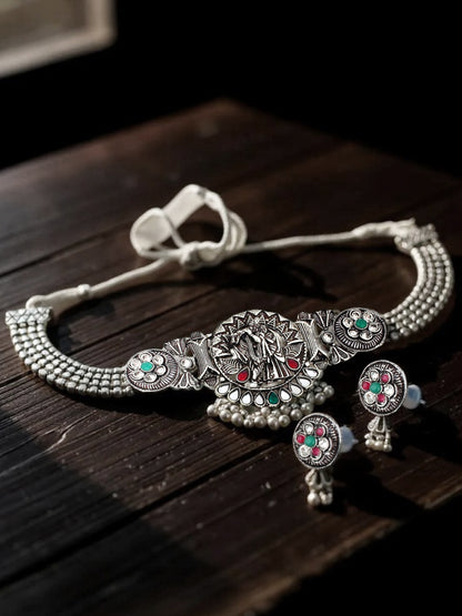 Oxidised Silver Radha Krishna Temple Jewellery Choker Set for Women & Girls