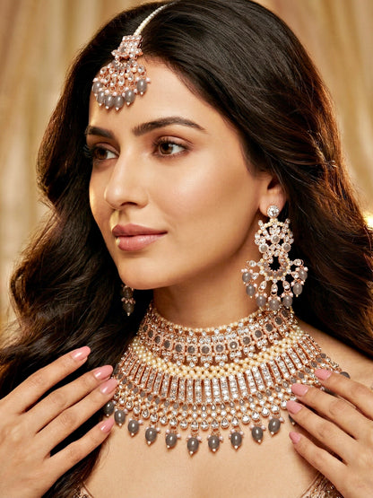 Rose Gold Plated AD Grey Stone & Pearl Bridal Choker Jewellery Set with Maang Tikka (974-B5SP-007-GR)