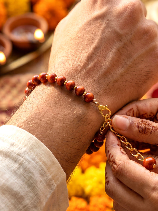 Elegant Brown Adjustable Rudraksha Style Beaded Rakhi with Roli Chawal & Greeting Card For Brothers (76-S7R1-EA3012)