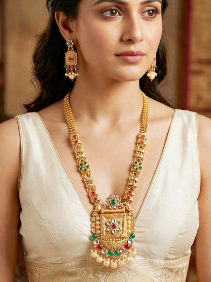 Lucky Jewellery Gold-Plated Ruby & Green Color Long Necklace Set (732-G2SR-192-RG)