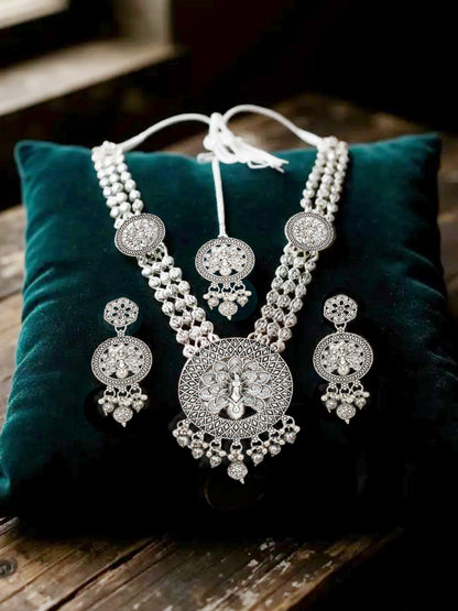 Oxidised Silver Peacock Design Long Necklace Set for Women & Girls